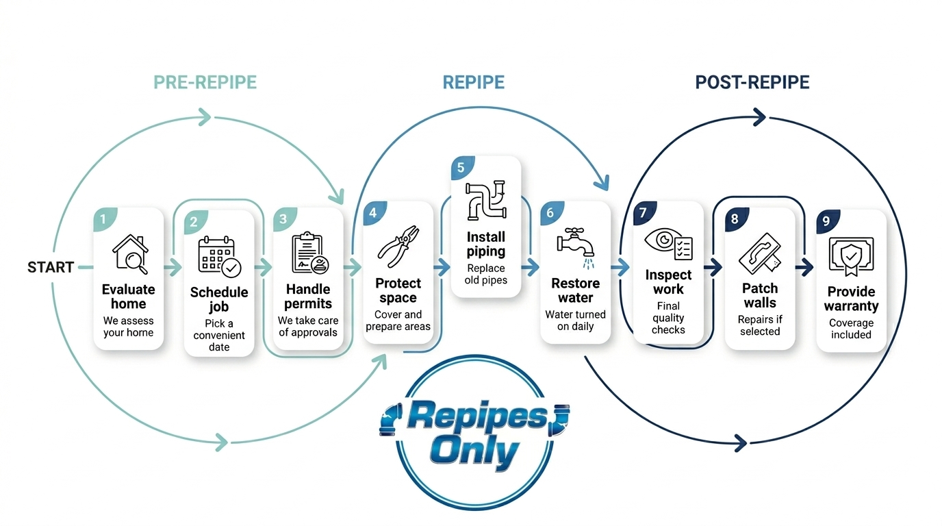 Repipes Only process graphic showing pre-repipe, repipe, and post-repipe steps