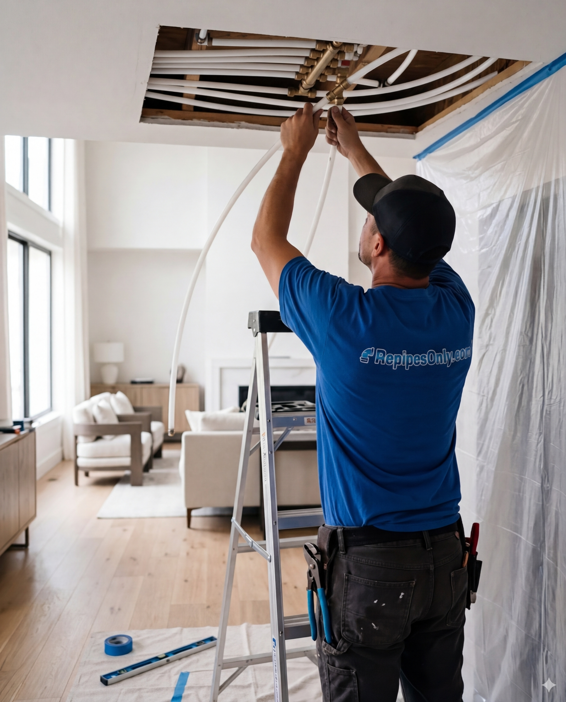 Finished repiping installation with clean white pipes and premium plumbing materials