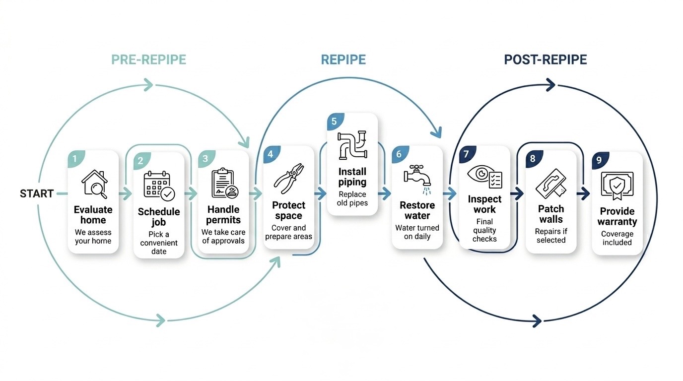 Repipes Only process graphic showing pre-repipe, repipe, and post-repipe steps